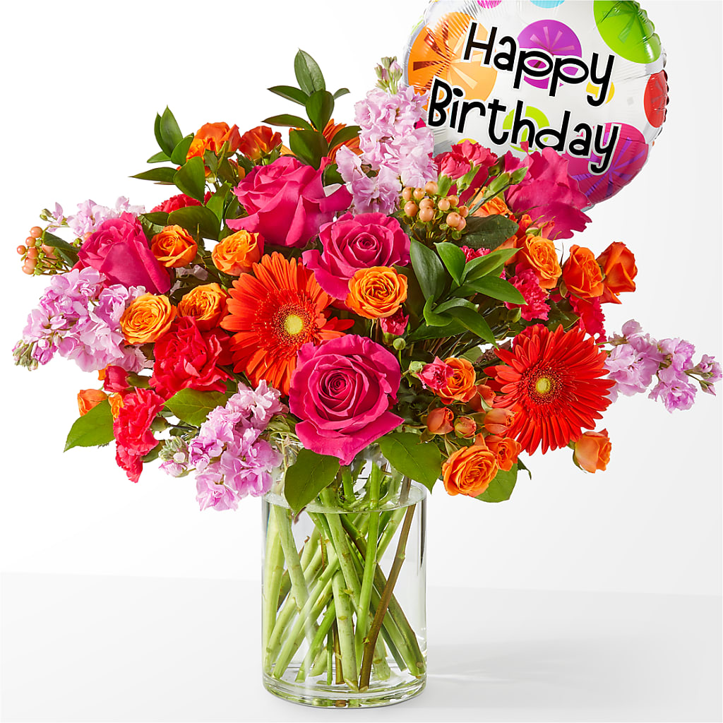 Fiesta Bouquet with Birthday Balloon – Realm Of Blooms, Carnegie PA