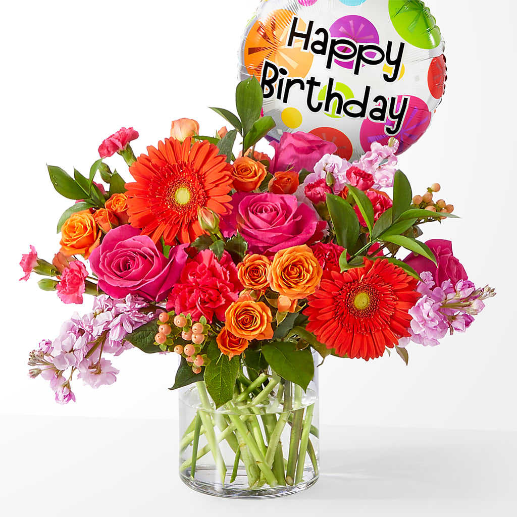Fiesta Bouquet with Birthday Balloon – Realm Of Blooms, Carnegie PA