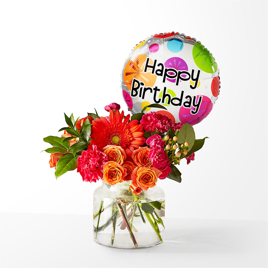 Fiesta Bouquet with Birthday Balloon – Realm Of Blooms, Carnegie PA