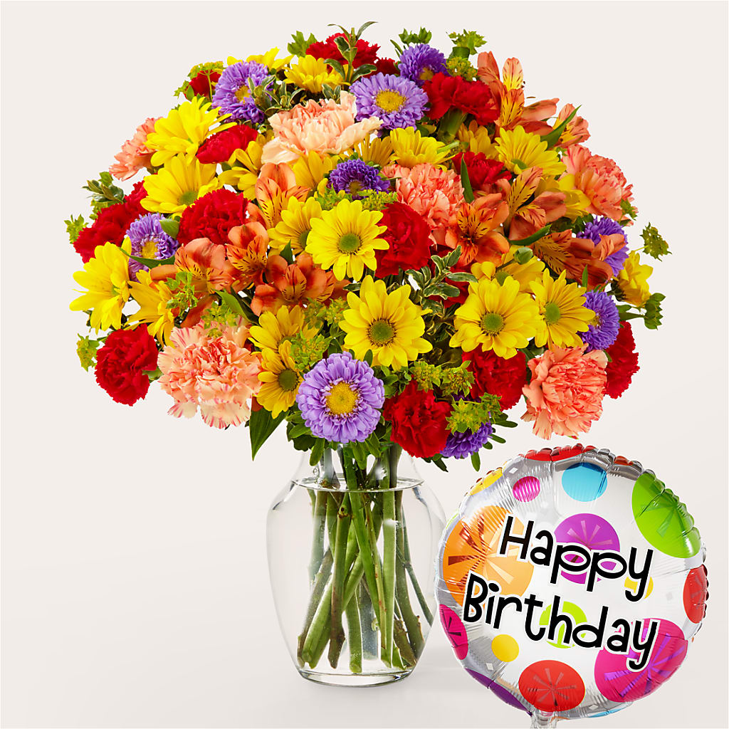 Kaleidoscope Bouquet with Birthday Balloon – Realm Of Blooms, Carnegie PA