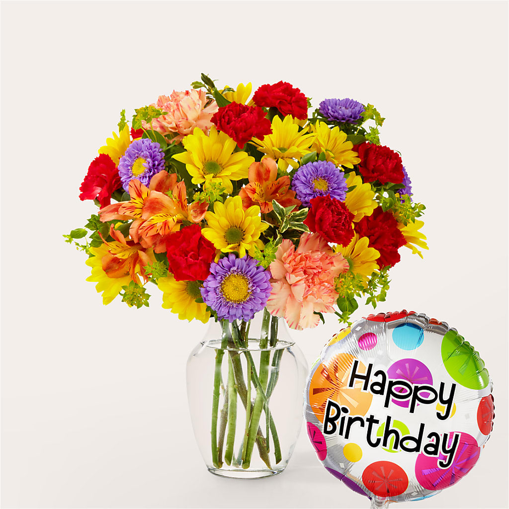 Kaleidoscope Bouquet with Birthday Balloon – Realm Of Blooms, Carnegie PA