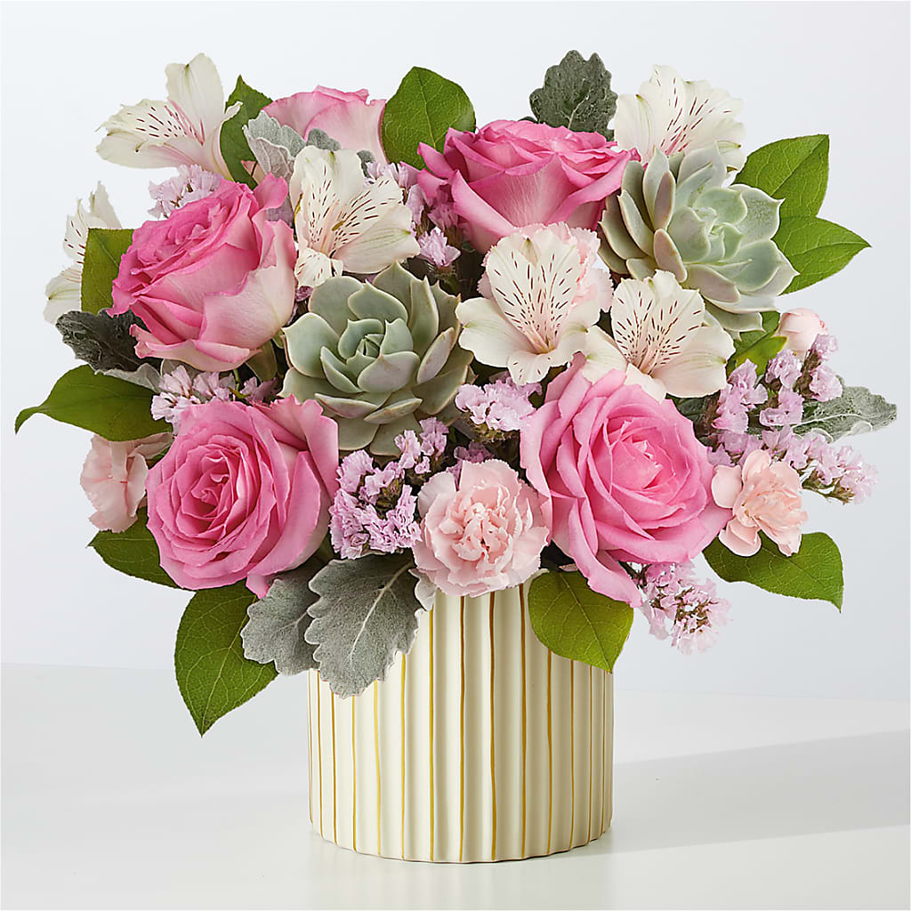 Dusty Rose Bouquet with Ivory Vase – Realm Of Blooms, Carnegie PA