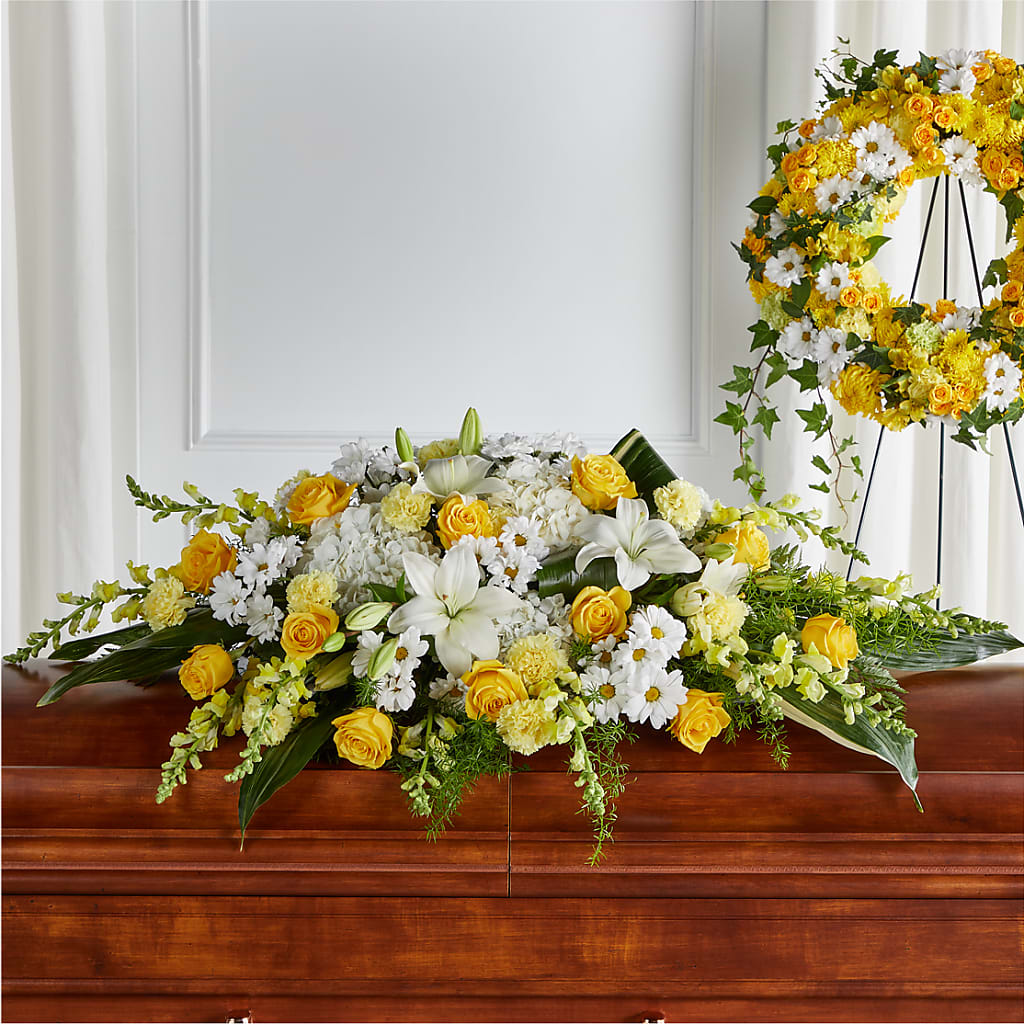 Golden Harmony Casket Spray – Realm Of Blooms, Carnegie PA