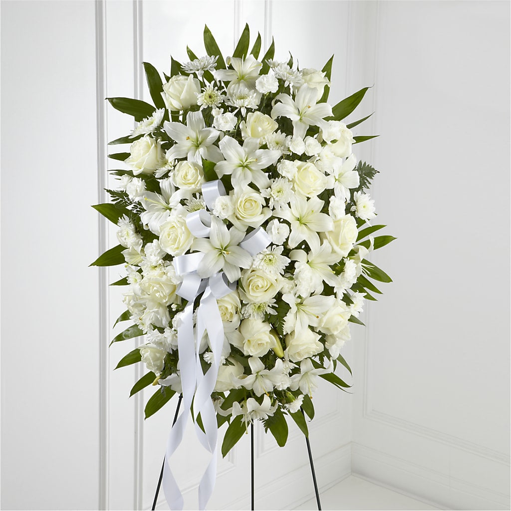 Exquisite Tribute Standing Spray-White Ribbon – Realm Of Blooms, Carnegie PA