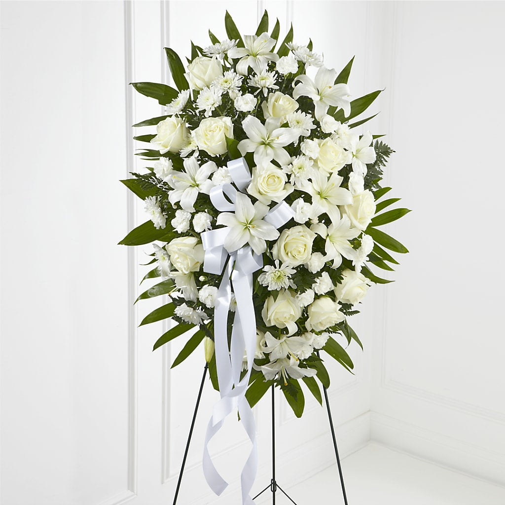 Exquisite Tribute Standing Spray-White Ribbon – Realm Of Blooms, Carnegie PA