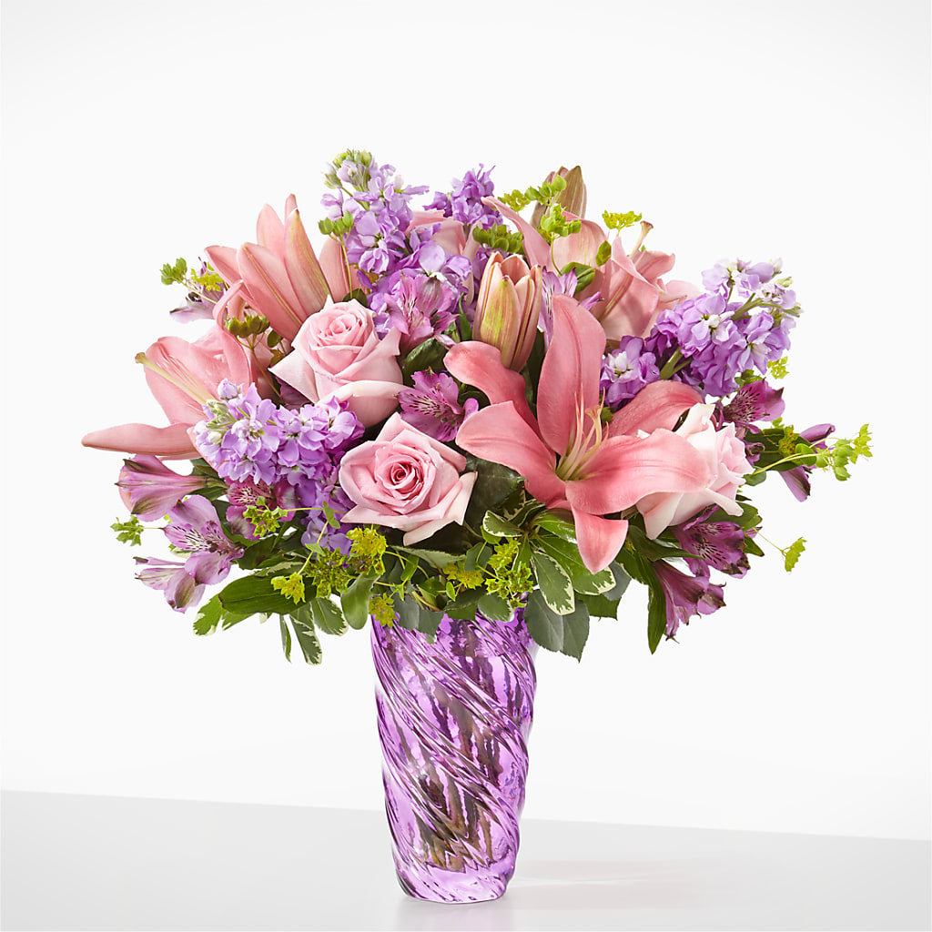 Precious Petals Bouquet with Luxe Swirl Vase – Realm Of Blooms, Carnegie PA