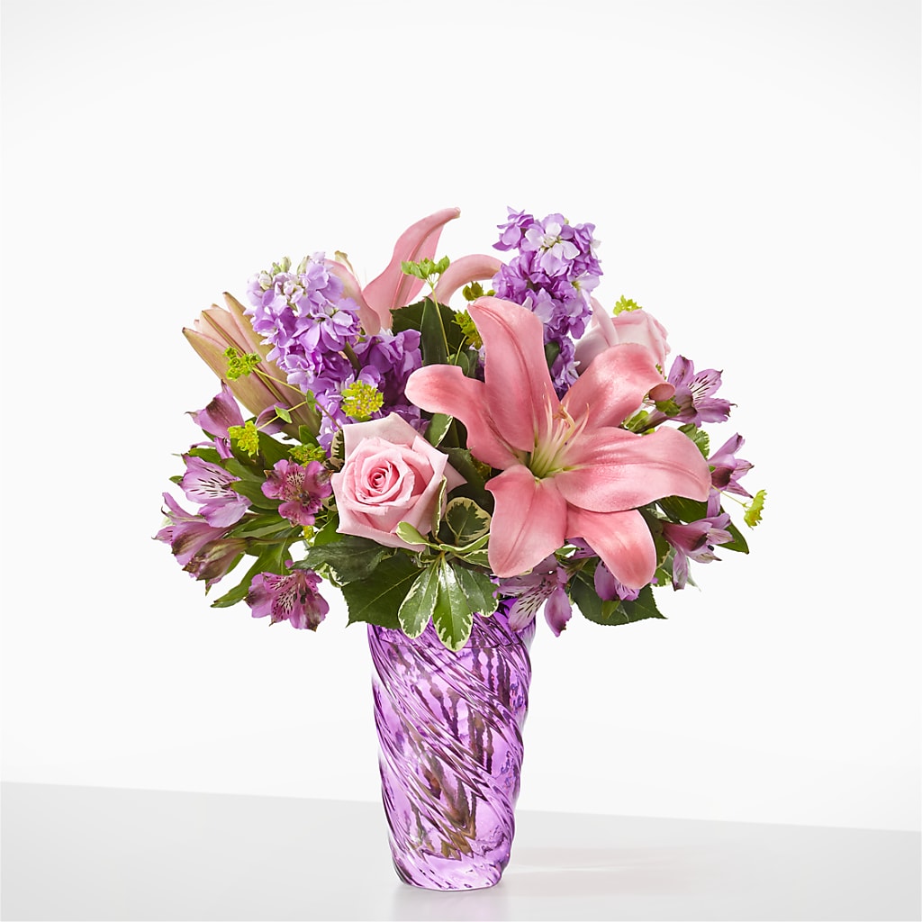 Precious Petals Bouquet with Luxe Swirl Vase – Realm Of Blooms, Carnegie PA