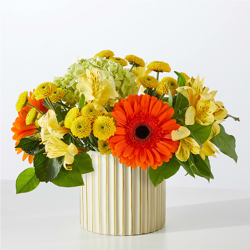 Autumn Sunshine Bouquet with Ivory Vase – Realm Of Blooms, Carnegie PA