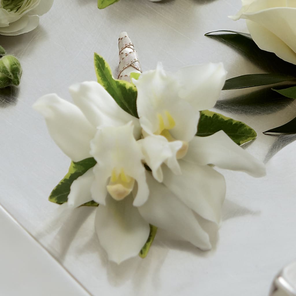 White Mini Cymbidium Boutonniere – Realm Of Blooms, Carnegie PA